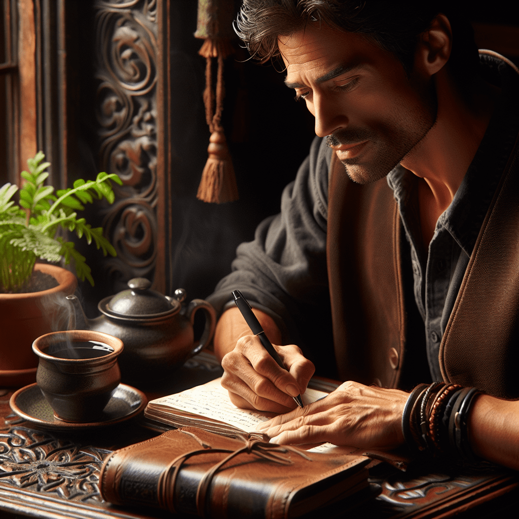 Persona escribiendo un diario en un escritorio con una taza de café y una planta pequeña.