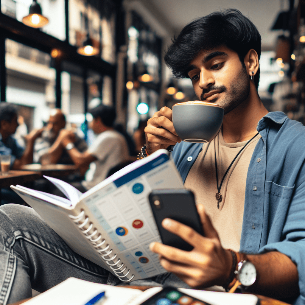 Joven usando una agenda y una app de gestión de tiempo en su celular en un café de Santiago