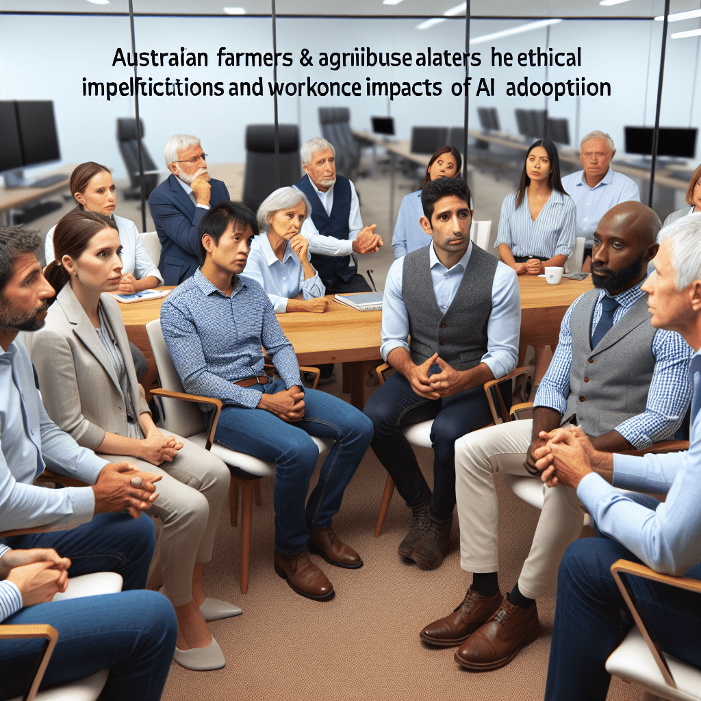 Diverse group of Australian farmers and agribusiness leaders discussing the ethical implications and workforce impacts of AI adoption in a modern conference room setting