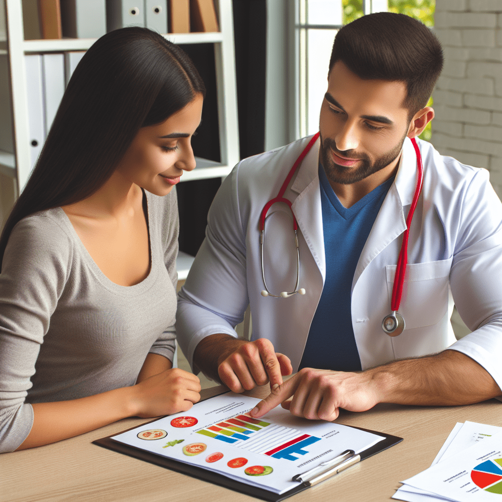 imagen de un nutricionista consultando con un cliente, usando documentos y mostrando gráficos de alimentos saludables.