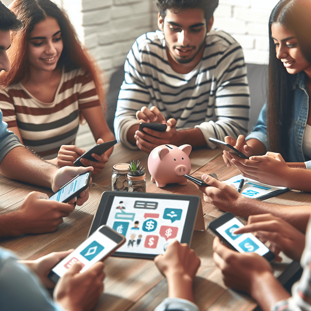 Grupo de jóvenes latinoamericanos discutiendo sus metas de ahorro y mostrando sus teléfonos móviles con apps financieras