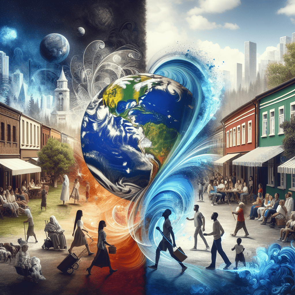 A split image showing a globe on one side and a close-knit local community on the other, with arrows pointing in both directions to represent the tension and interplay between global and local forces.