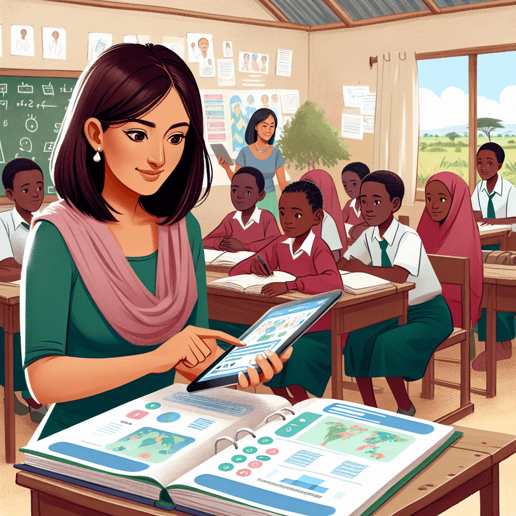 A rural Kenyan teacher using an offline AI-powered app on a tablet to plan lessons and track student progress, with students visible in the background