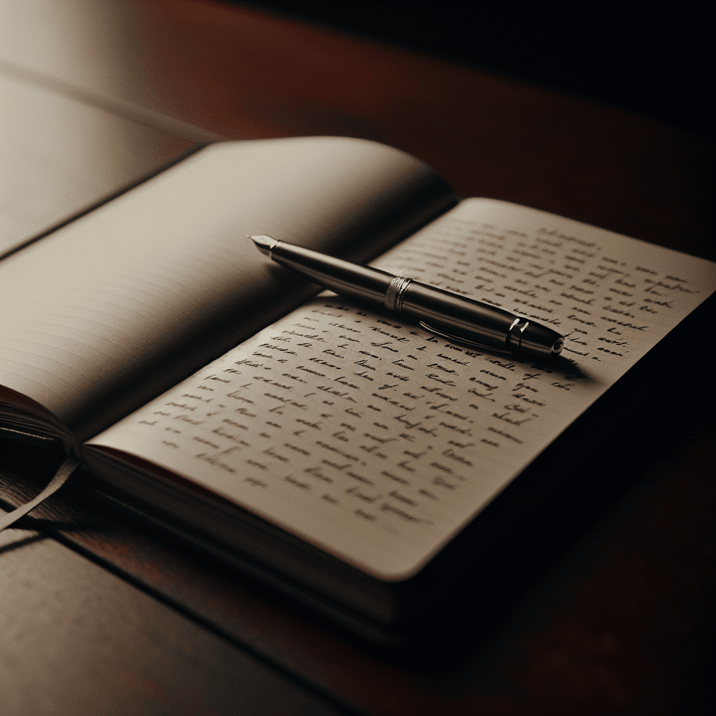 Cuaderno y pluma sobre una mesa, mostrando una entrada de diario personal