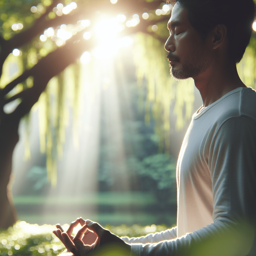 Persona meditando en un ambiente sereno con luz suave y naturaleza al fondo