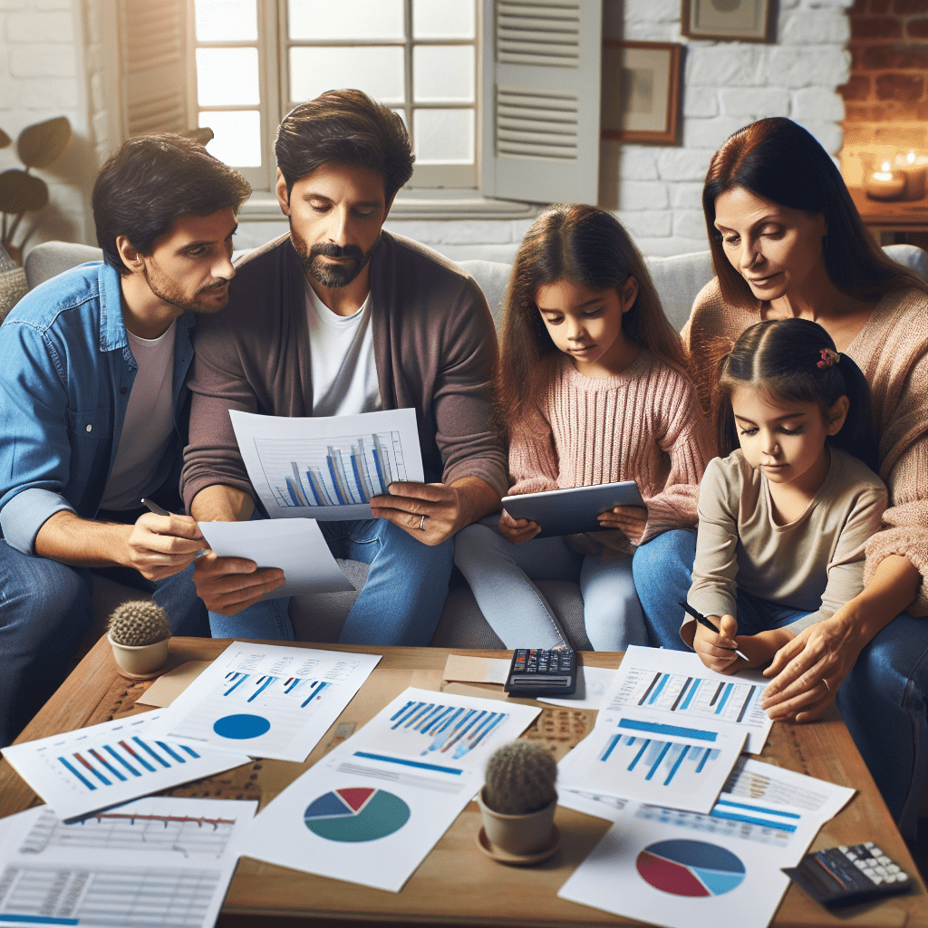 Una familia revisando su plan de finanzas con gráficos y datos alrededor.