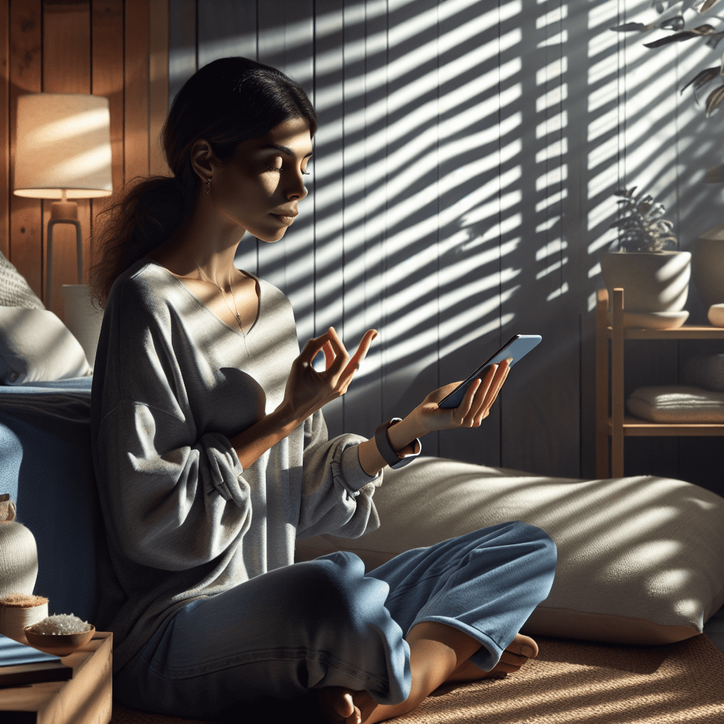 Persona utilizando una aplicación de meditación en su smartphone en un espacio cómodo de su casa