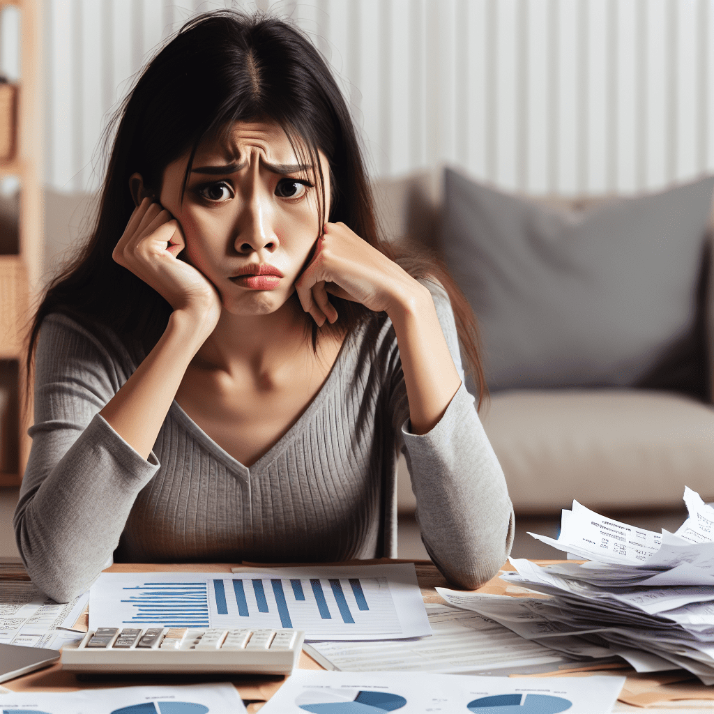 imagen de una persona preocupada mirando facturas y gráficos financieros en una mesa