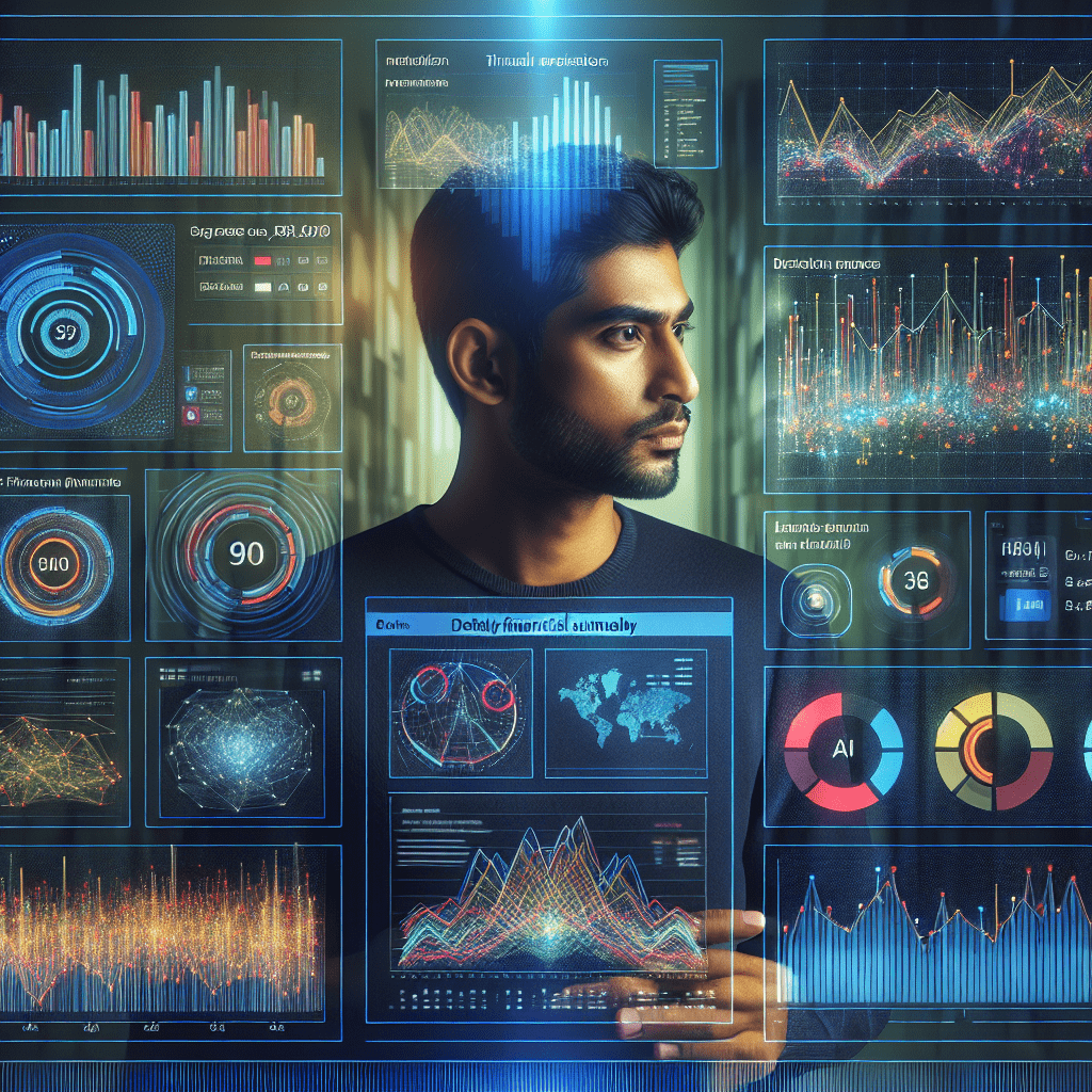 Persona revisando un resumen financiero en una aplicación de inteligencia artificial, con gráficos y datos visibles en la pantalla