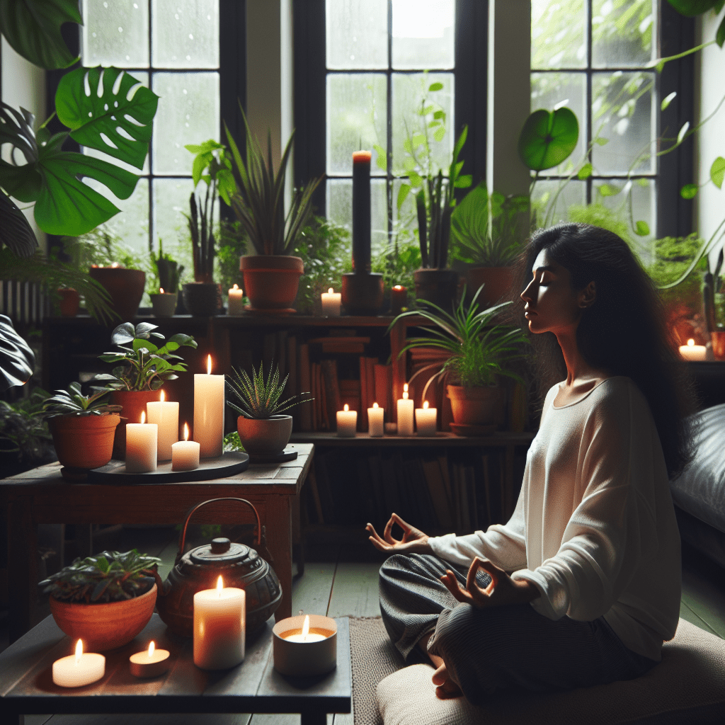 un individuo meditando en casa, creando un ambiente calmado con velas y plantas