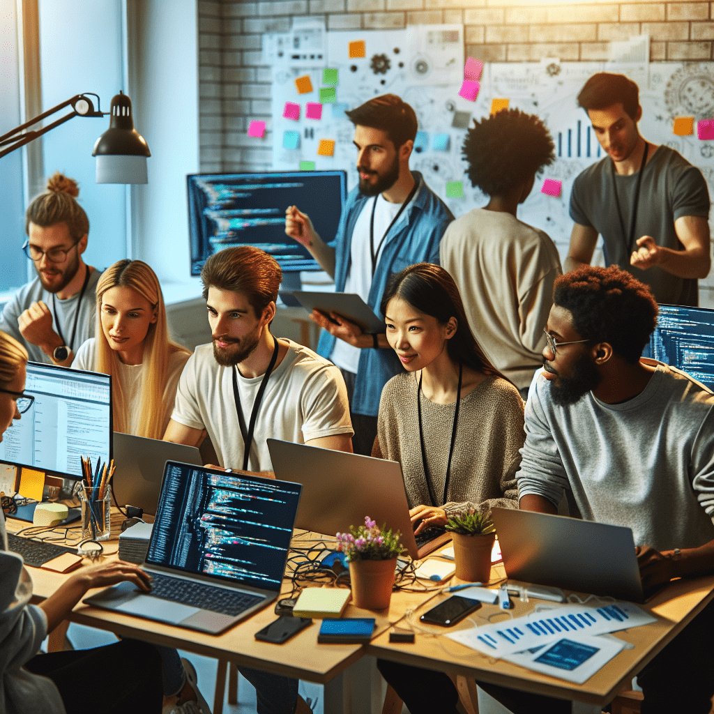 Photo of participants working together at a FinTech hackathon or coding event, showcasing collaboration and innovation