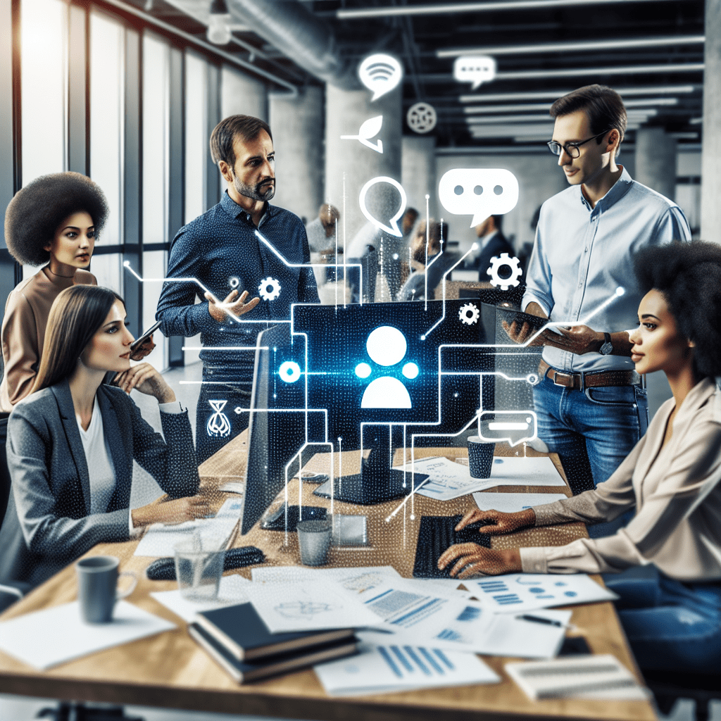A diverse team collaborating in an office setting, with AI assistant icons floating above them to represent the seamless integration of AI in their workflow
