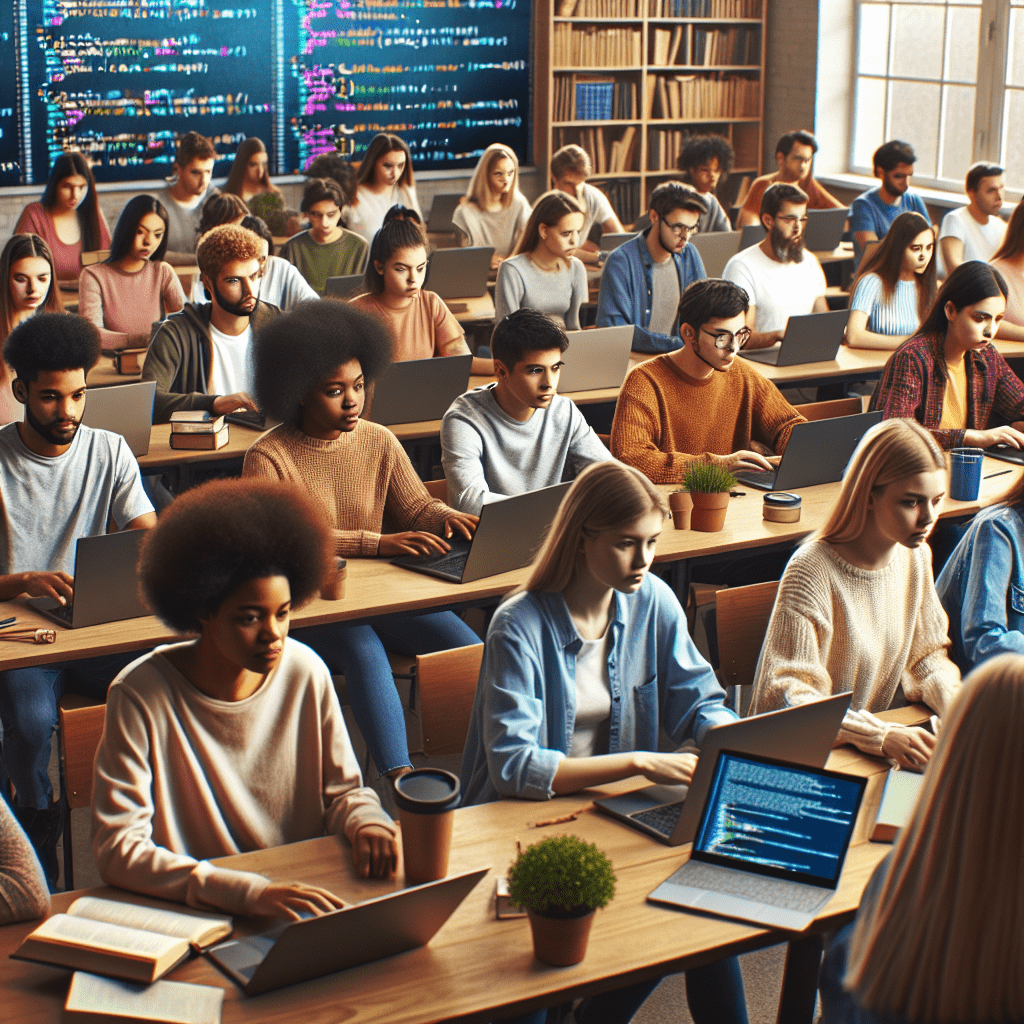 Students learning AI programming skills in a classroom setting