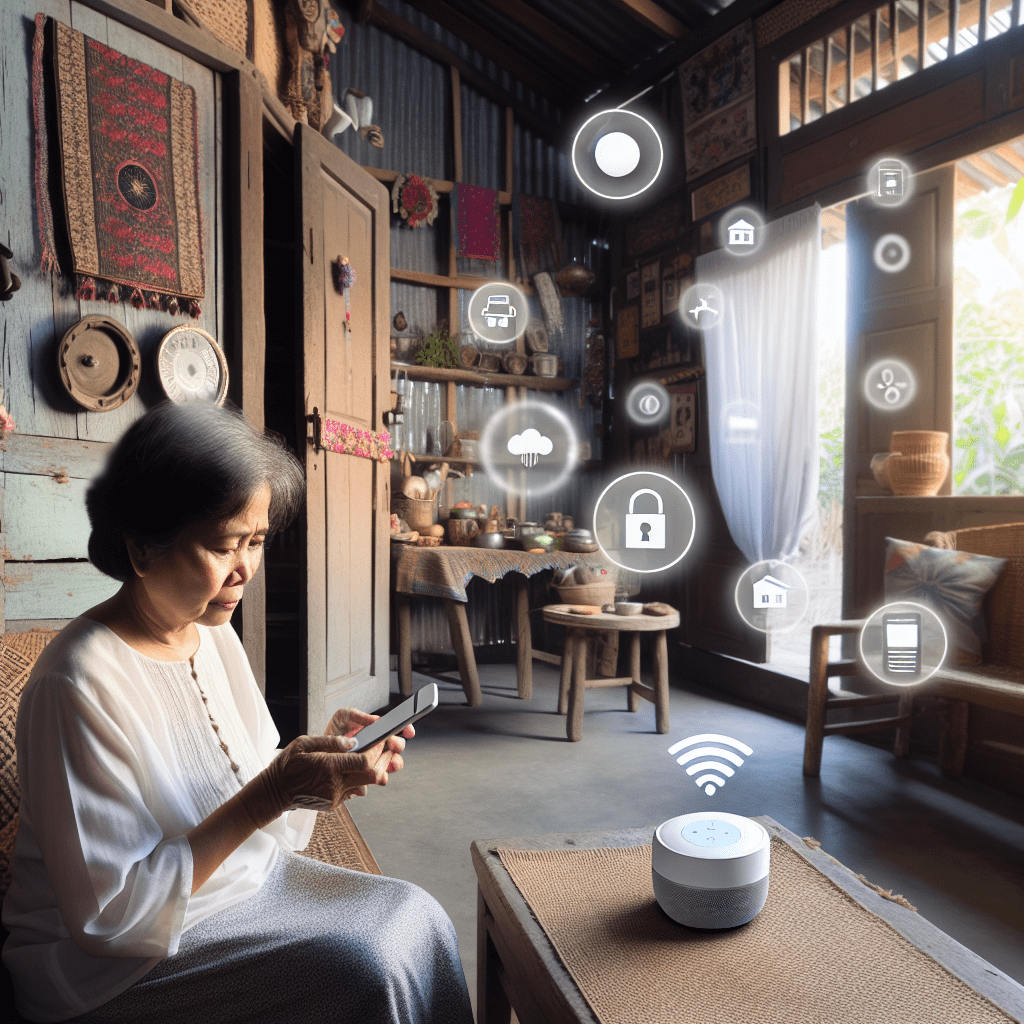 A person in a developing country using a smartphone to control smart home devices