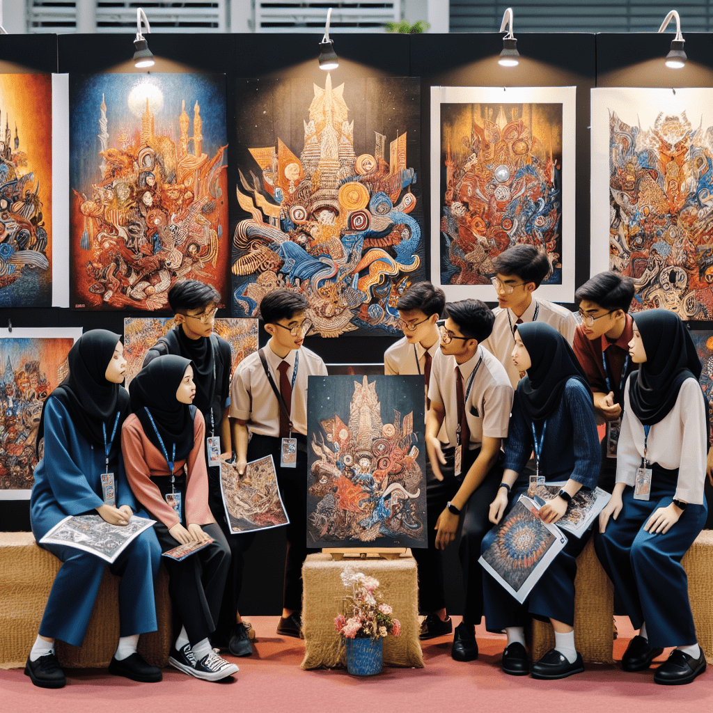 A group of Southeast Asian students proudly showcasing their artwork at a community exhibition, with the artwork reflecting a fusion of traditional and contemporary artistic styles and techniques.