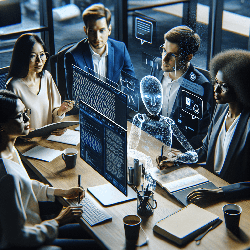 A team of diverse professionals collaborating on a document using an AI writing assistant to refine their content