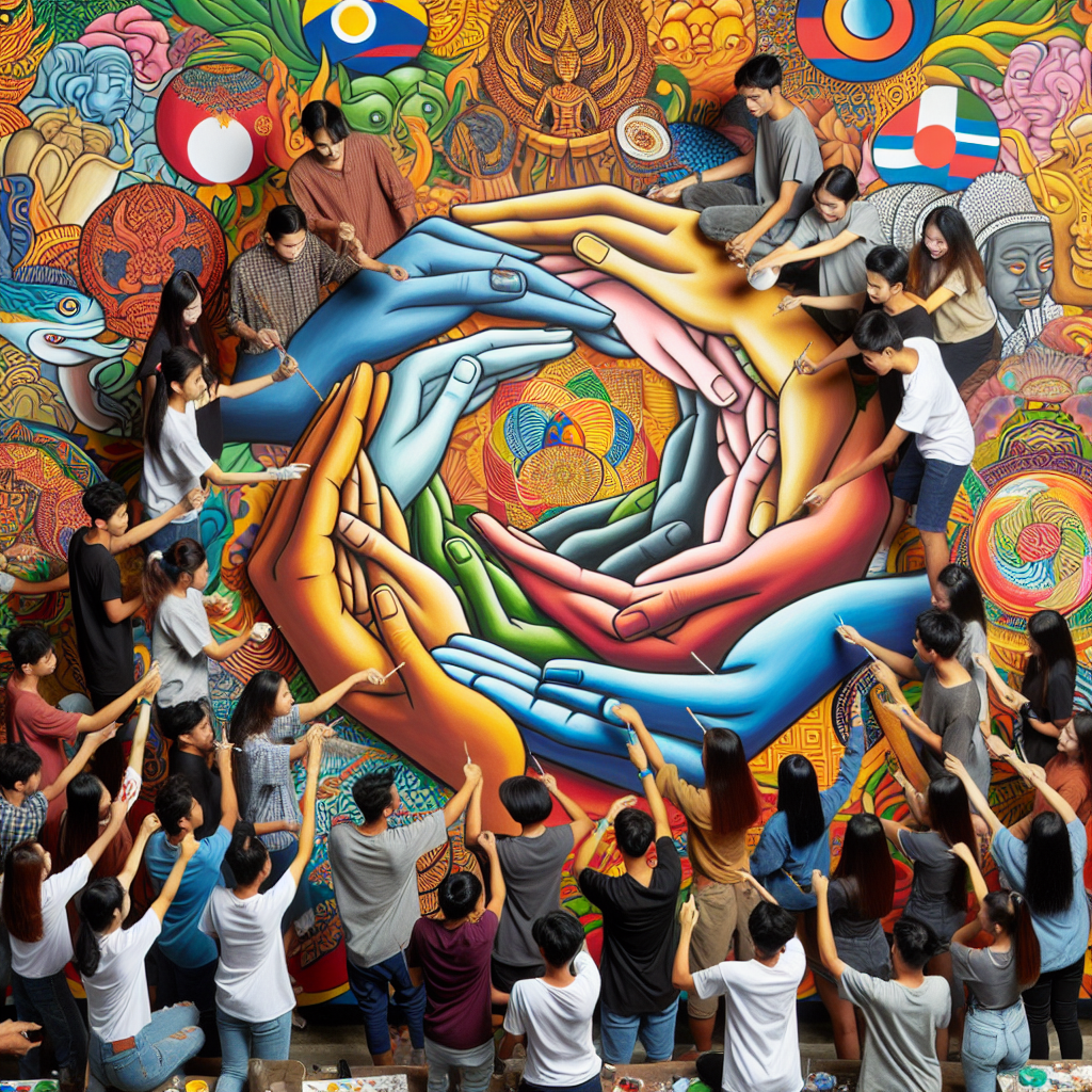 A diverse group of Southeast Asian students collaborating on a vibrant mural, symbolizing unity and cultural diversity