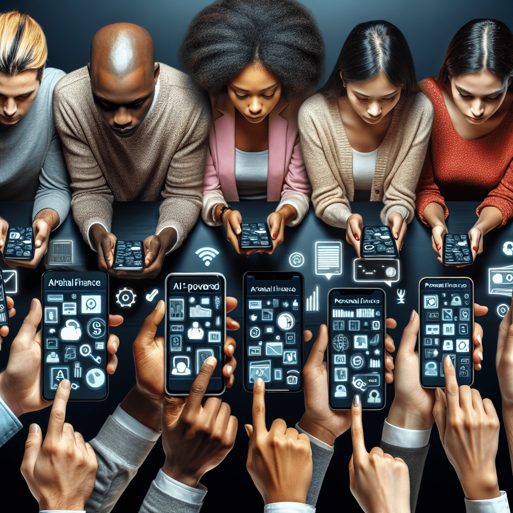 A diverse group of people using various AI-powered personal finance tools on their smartphones and laptops, showcasing the accessibility and inclusivity of these solutions