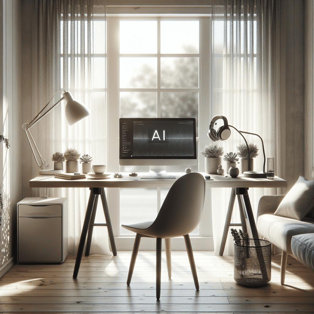 A serene workspace with AI-powered tools helping to minimize distractions and enhance focus