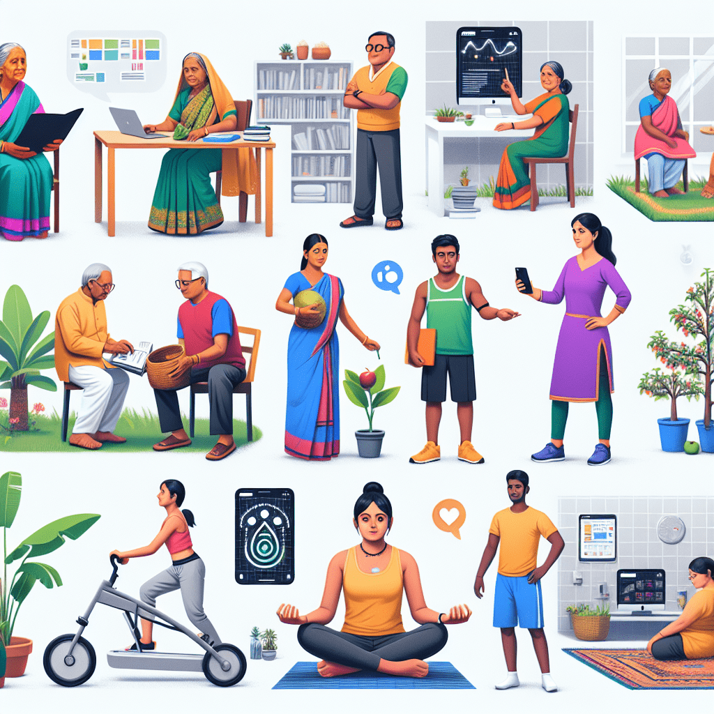 Diverse group of Indians, from different regions and backgrounds, using AI-powered applications in their daily lives