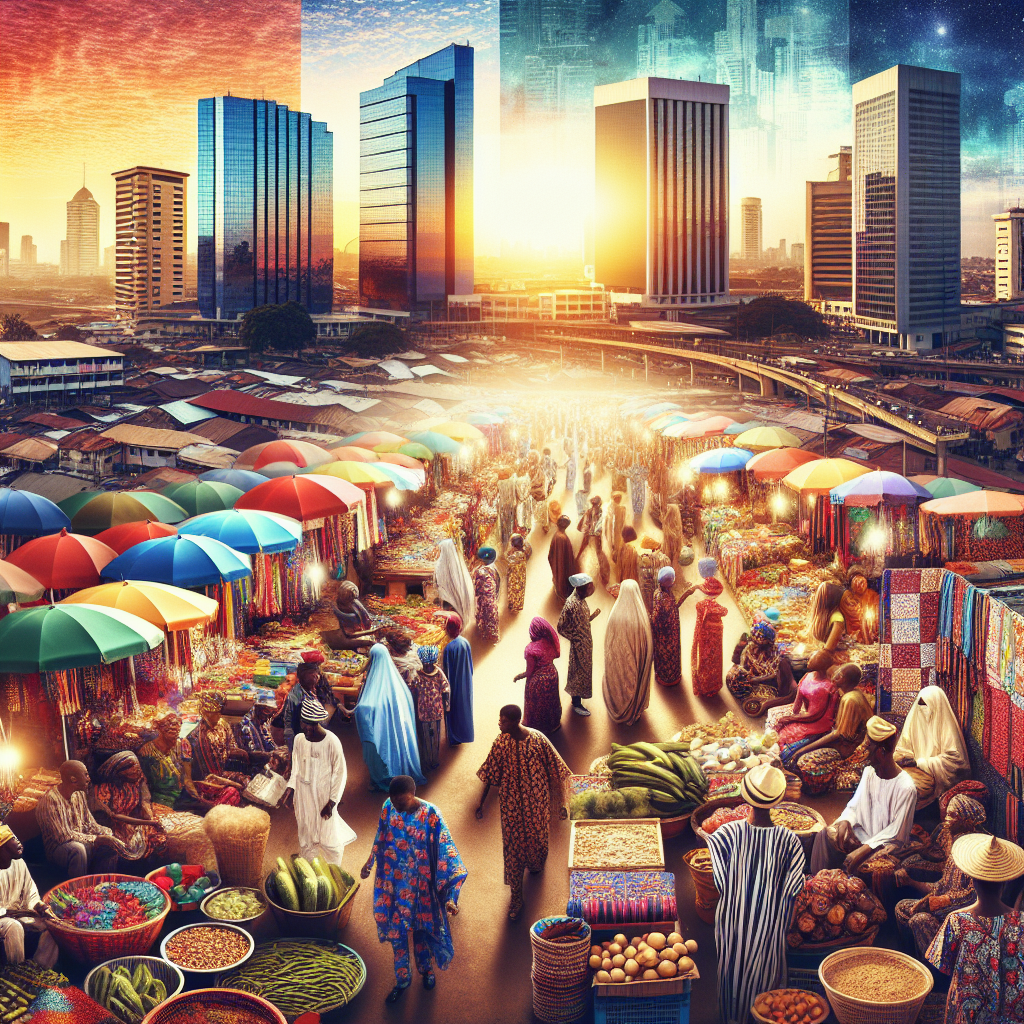 An inspiring photo of the Lagos skyline or a bustling Nigerian market, symbolizing the potential and vibrancy of the startup ecosystem
