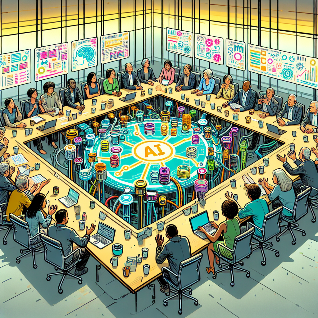 A diverse group of stakeholders (policymakers, industry leaders, workers) engaged in a roundtable discussion about the ethical implications of AI in the workplace
