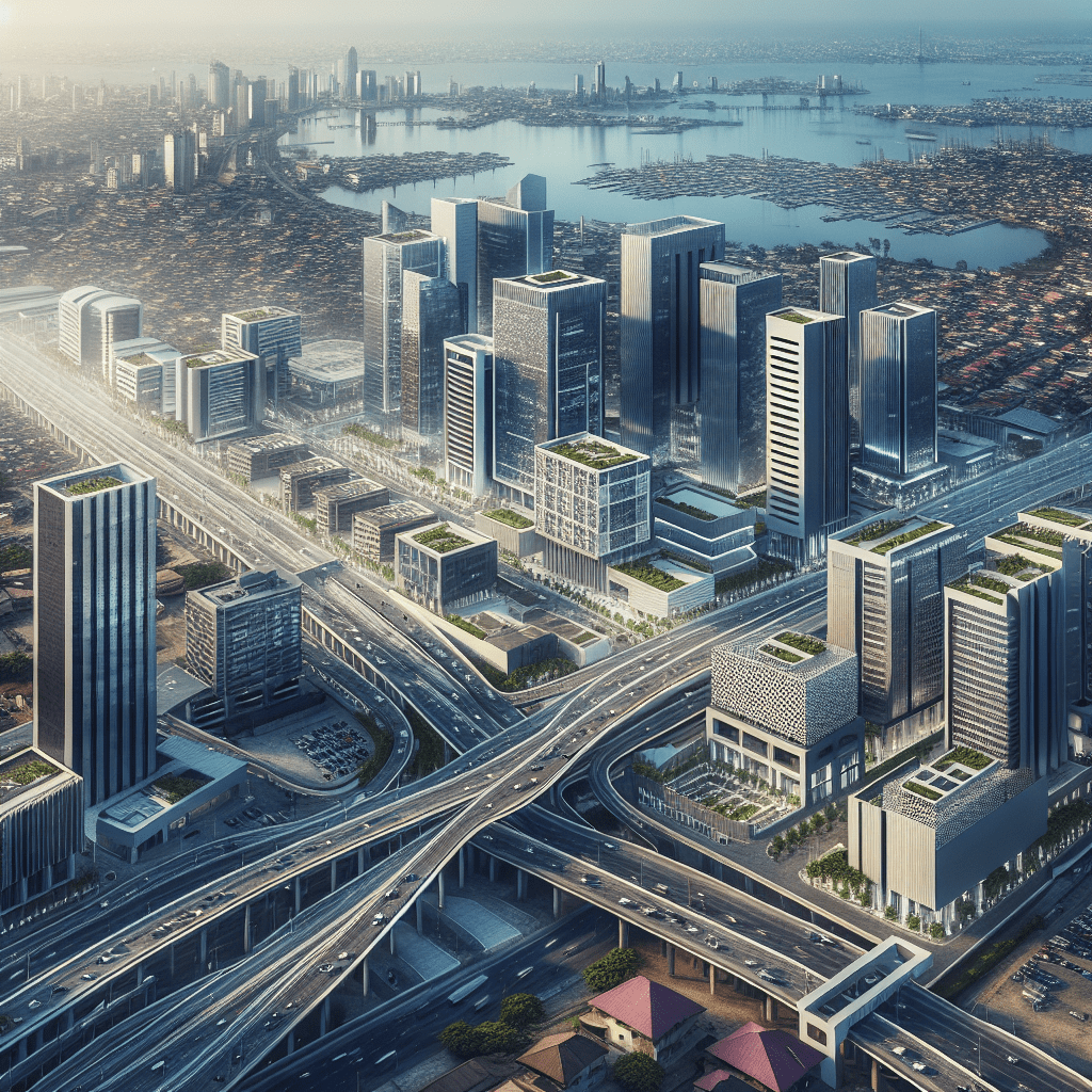 An aerial view of Lagos, Nigeria’s bustling commercial capital, with modern office buildings and infrastructure