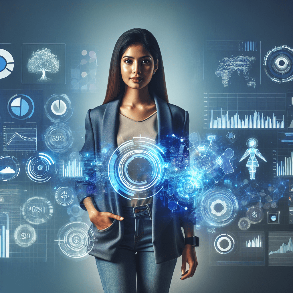 A person standing confidently, with AI-powered financial insights and recommendations projected around them, signifying empowerment and financial success