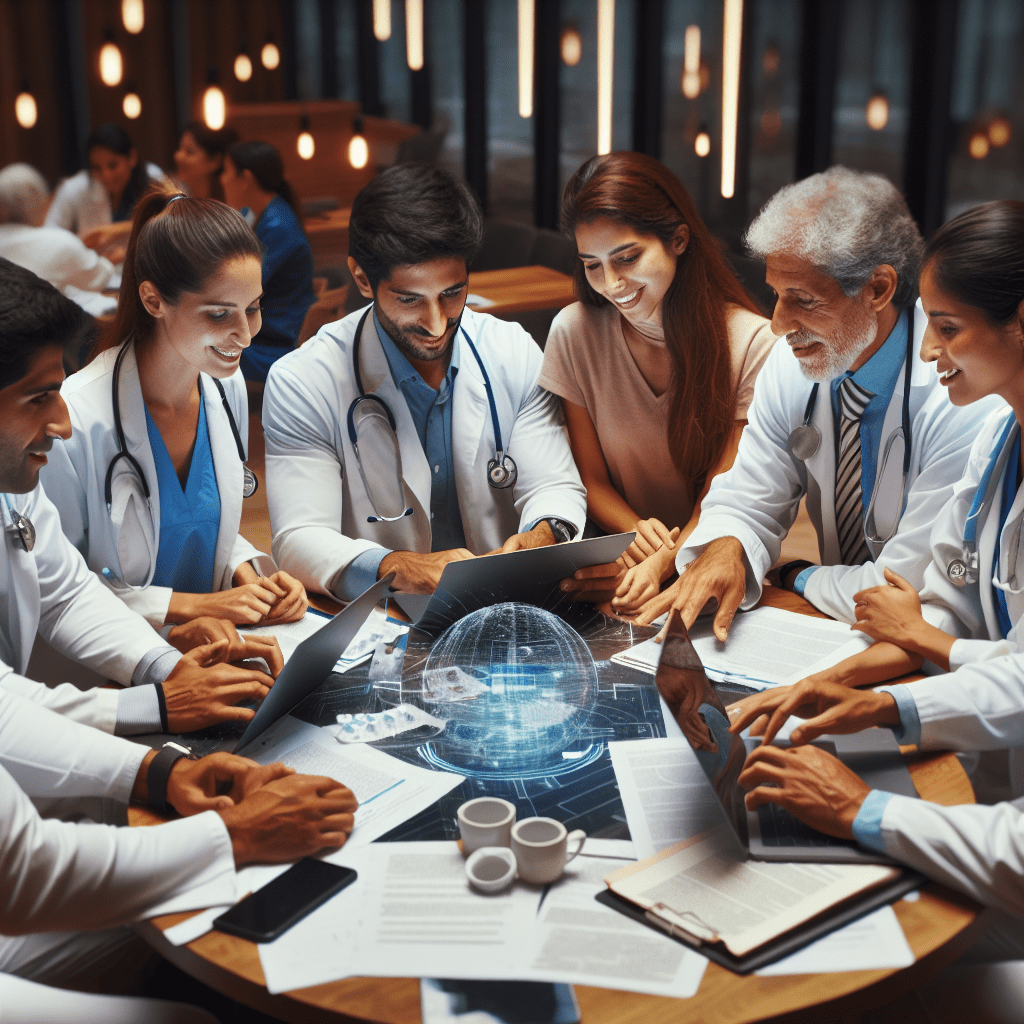Healthcare professionals from different Latin American countries collaborating on an AI project, sharing knowledge and best practices