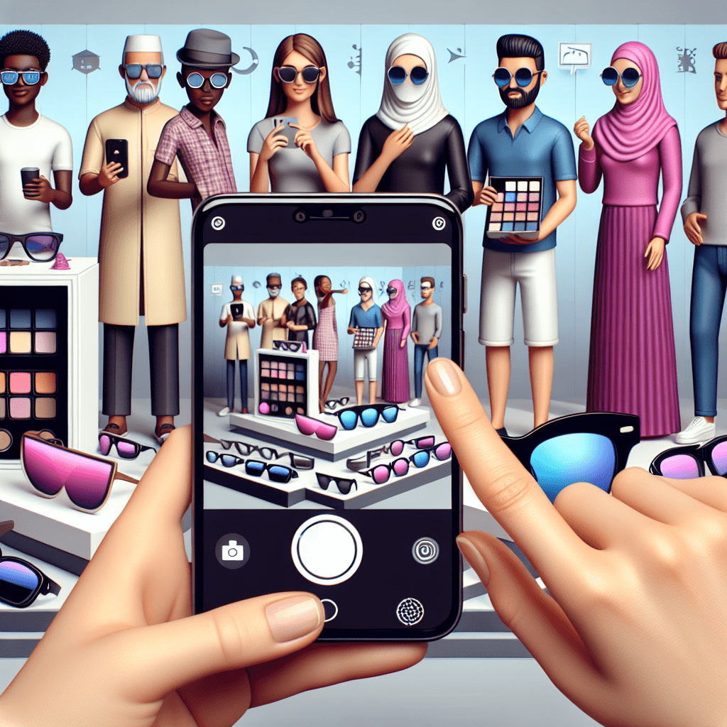 Image showcasing AR technology being used for virtual try-ons, such as a customer virtually trying on sunglasses or makeup using their smartphone camera.