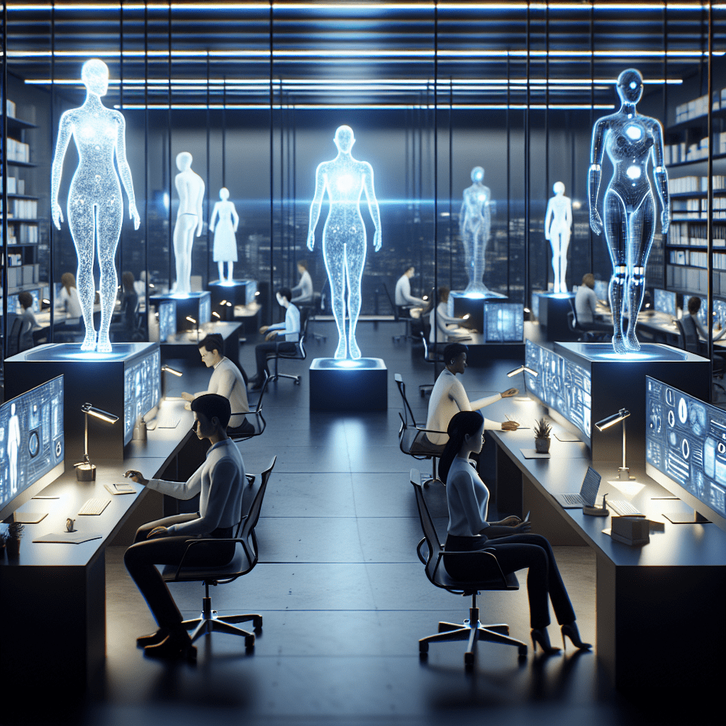 A futuristic workplace with humans and AI working seamlessly together