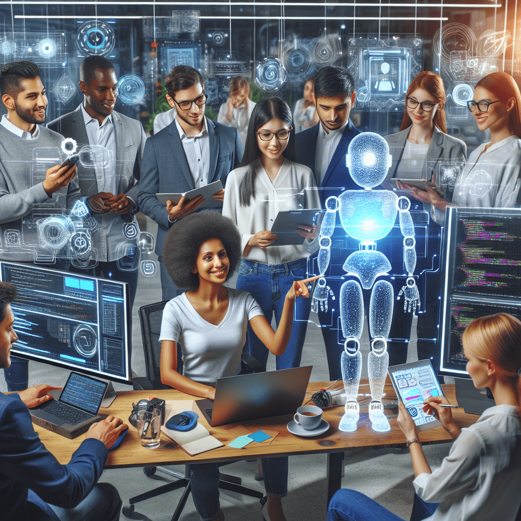 Team of diverse professionals collaborating on an AI project