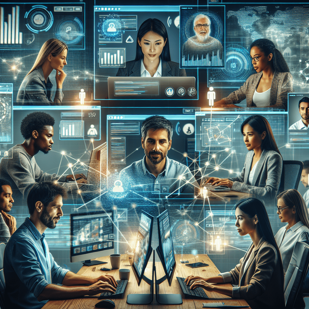 A diverse team of employees collaborating remotely using AI-powered communication tools