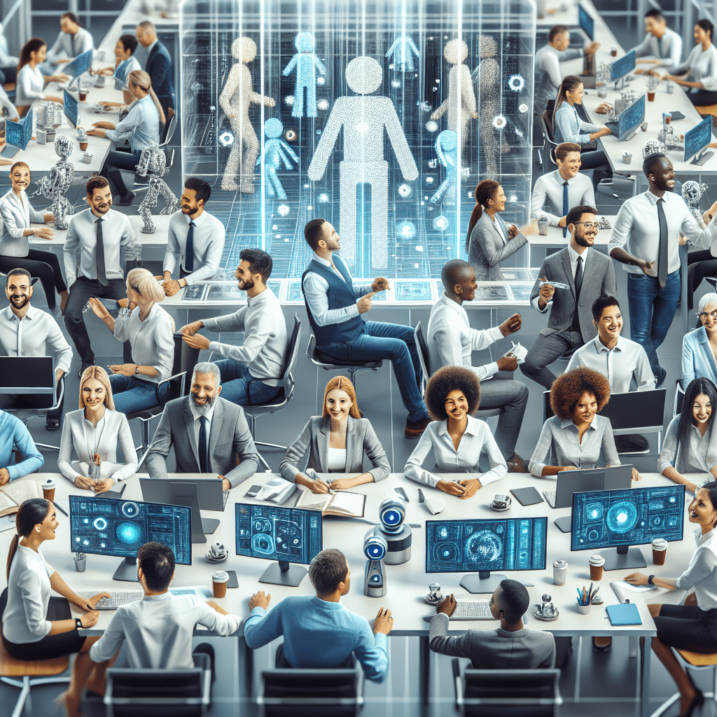 A diverse group of employees smiling and collaborating in a modern, AI-enhanced workplace setting, symbolizing the positive impact of AI on productivity and job satisfaction
