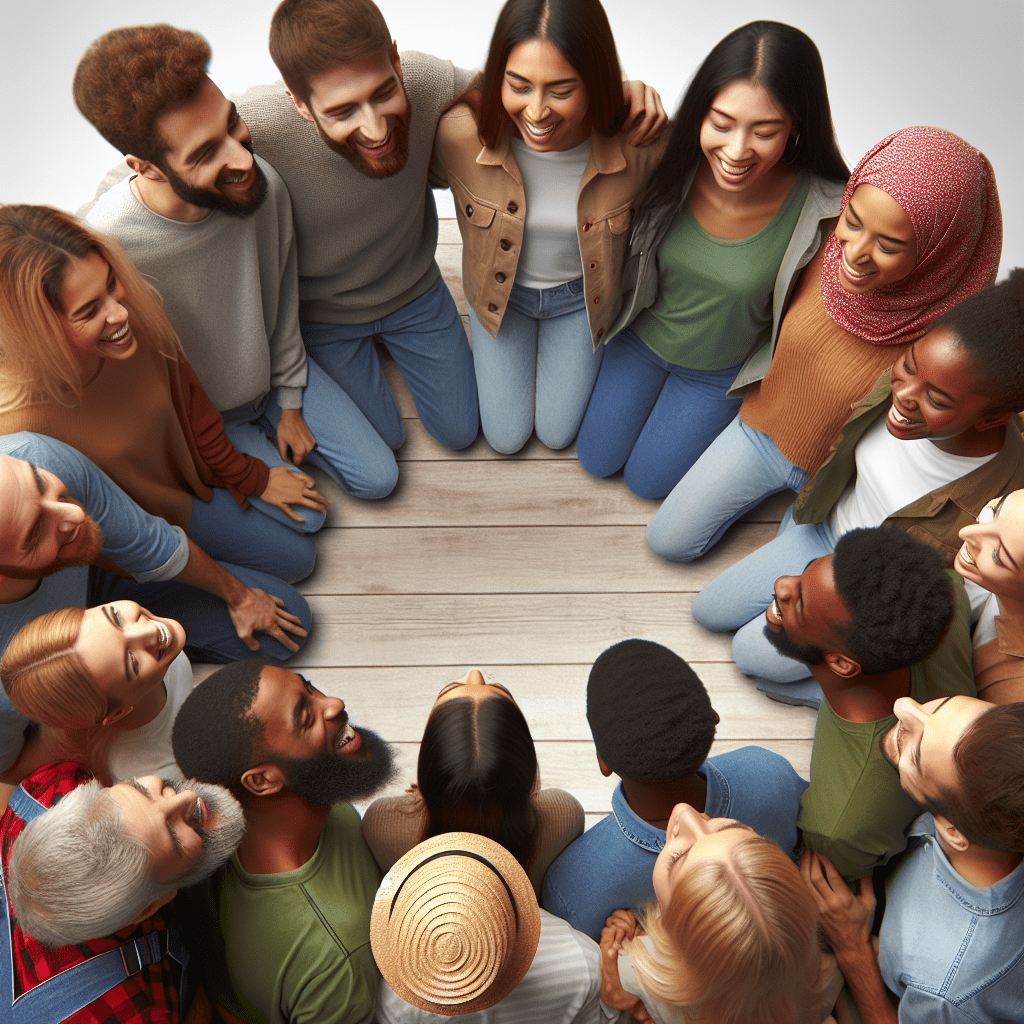 A diverse group of people gathered in a circle, engaging in meaningful conversation and laughter, with smartphones and devices notably absent from the scene.