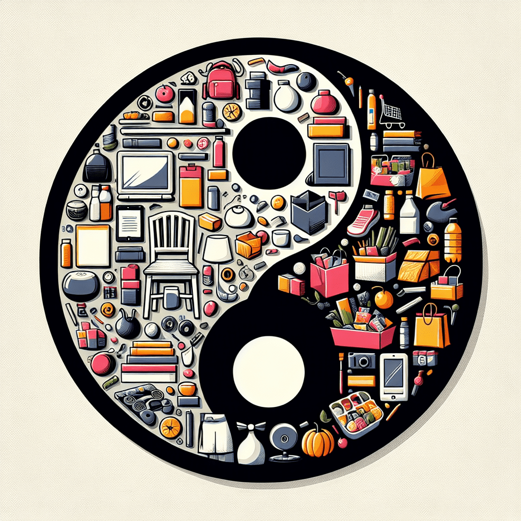 A yin-yang symbol, one half filled with minimalist objects and the other with colorful consumer goods, illustrating the balance between the two.