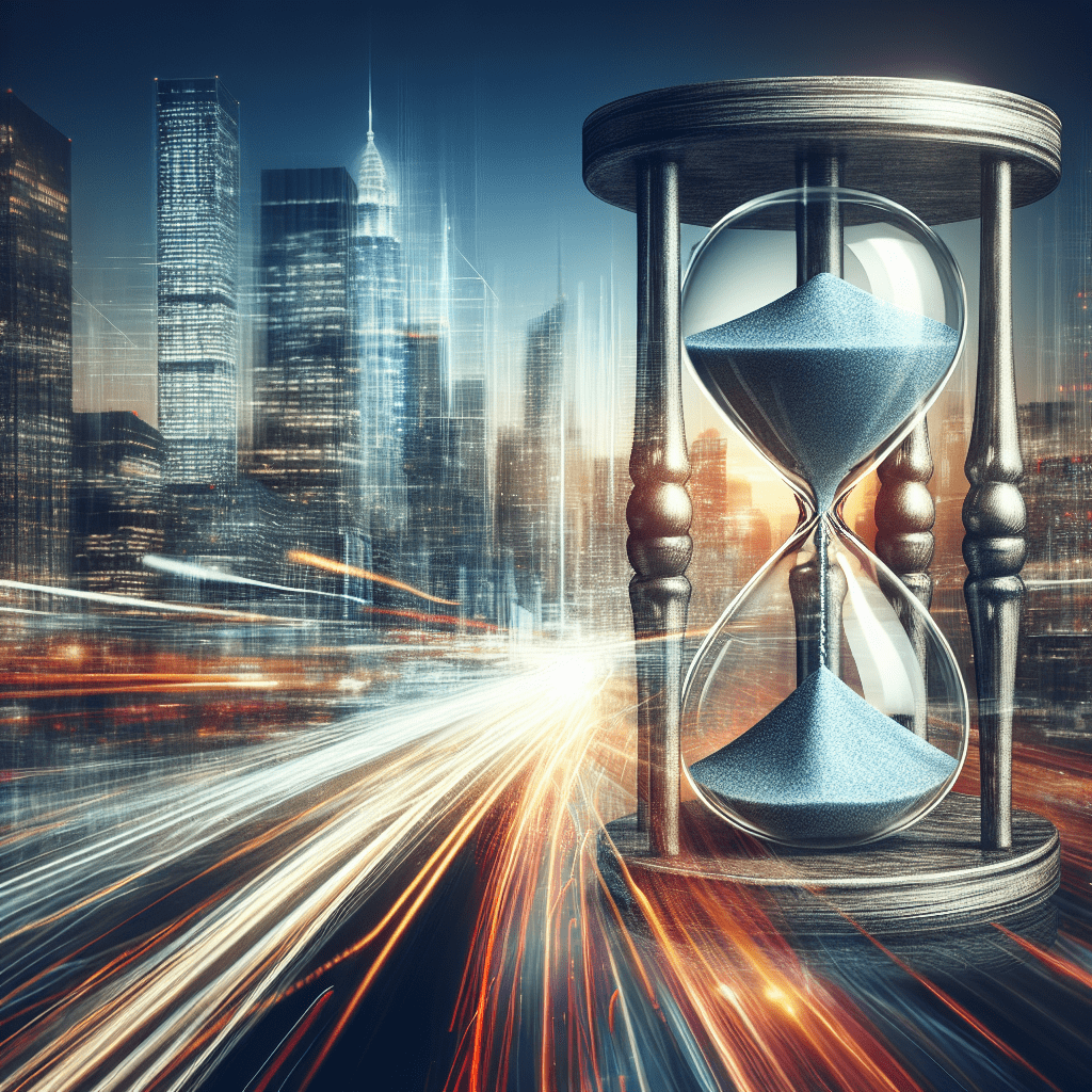 An hourglass in the foreground, with a blurred, fast-paced cityscape in the background, symbolizing the challenge of maintaining slowness and presence amidst the rush of modern life.