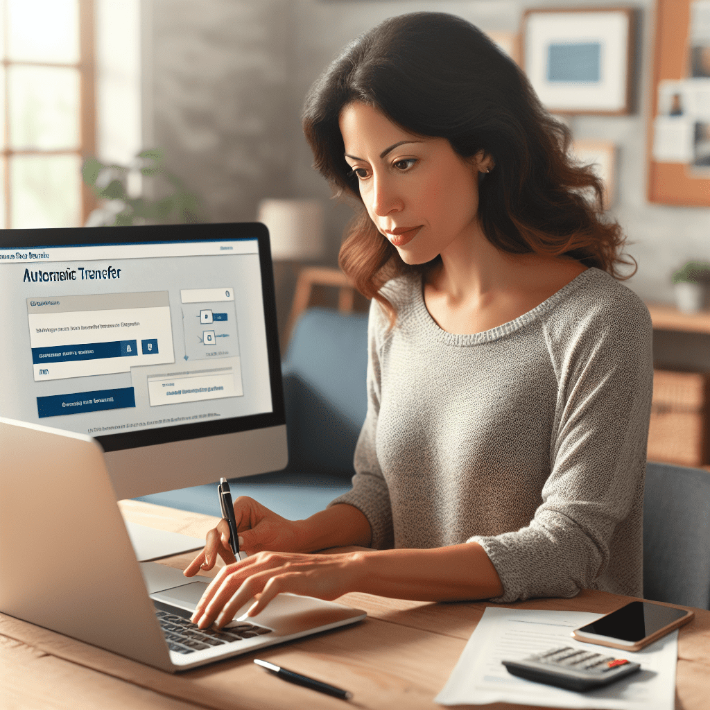 Mujer latinoamericana configurando una transferencia automática en su computadora portátil
