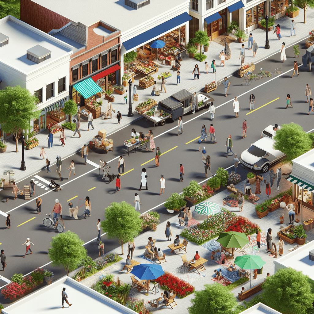 An aerial view of a vibrant local Main Street, with thriving small businesses, green spaces, and people from all walks of life coming together in a spirit of community and belonging.