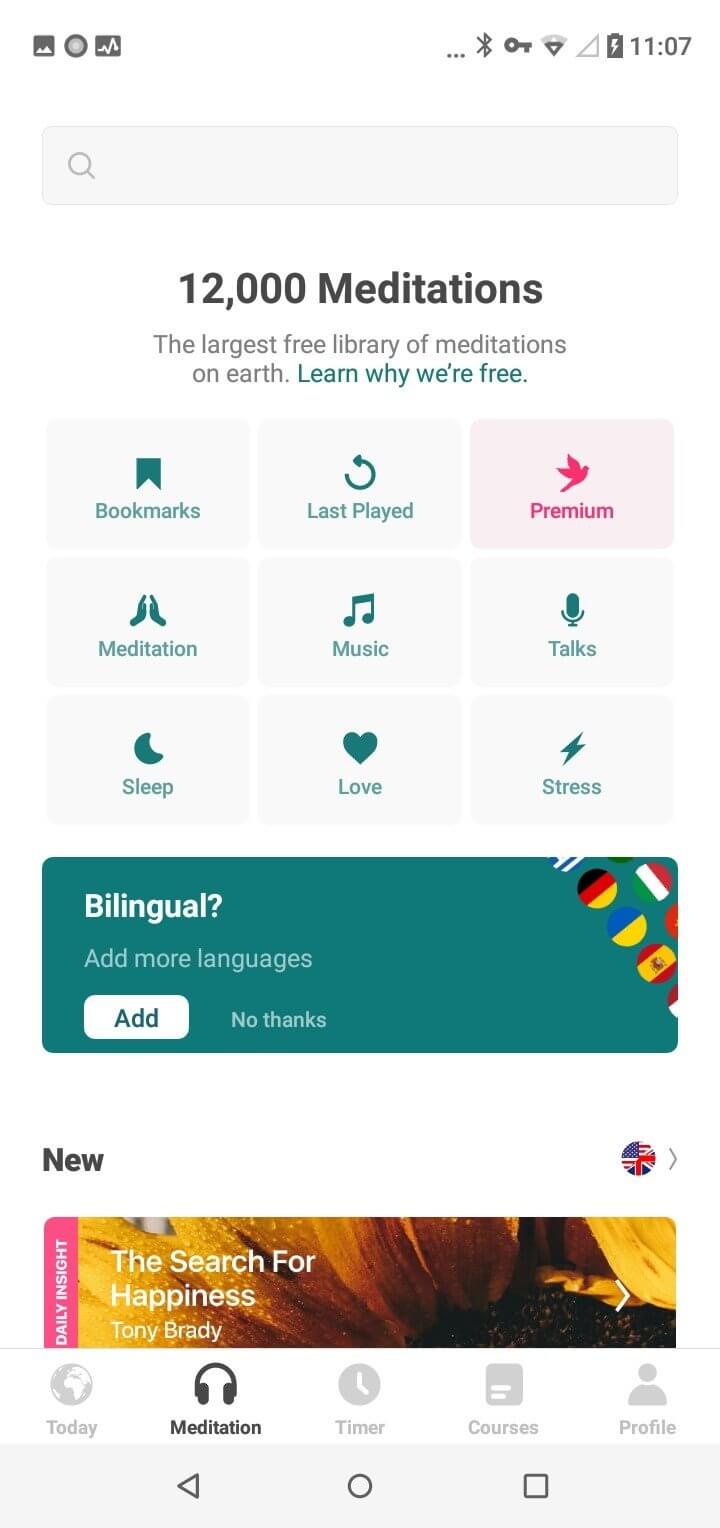 Captura de pantalla de la interfaz principal de Insight Timer mostrando la variedad de meditaciones