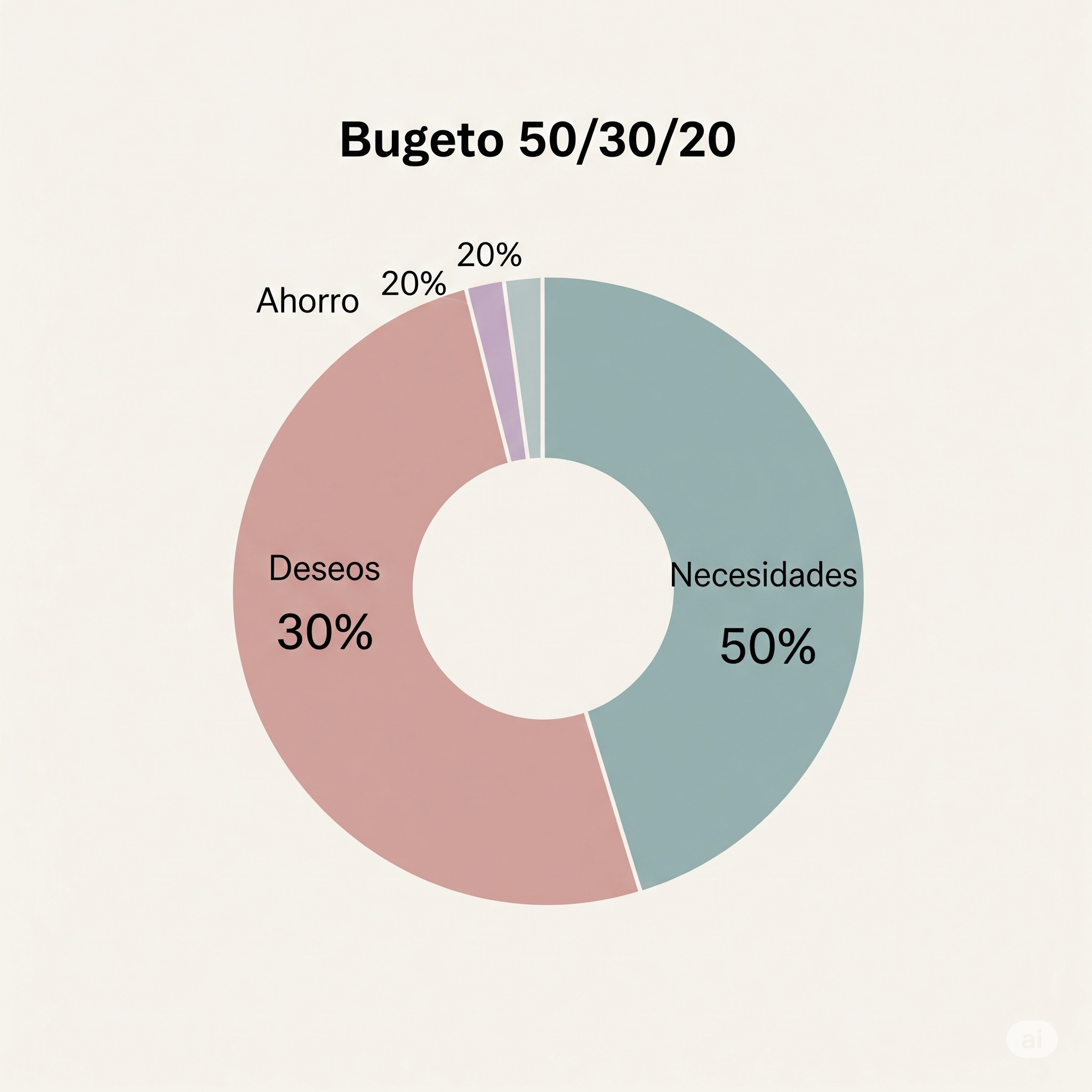 Un pie chart minimalista con tres secciones (50%, 30%, 20%) y colores suaves, etiquetado con “Necesidades”, “Deseos” y “Ahorro”.
