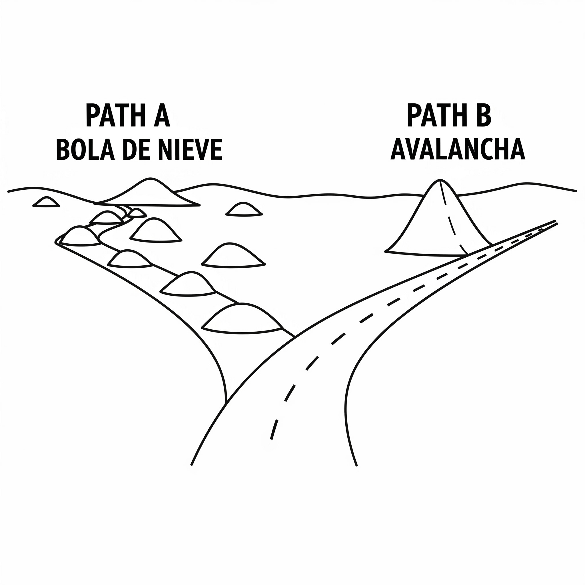 Una ilustración simple que muestra un camino que se bifurca. Un camino, etiquetado “Bola de Nieve”, muestra una serie de pequeñas colinas fáciles de subir. El otro, “Avalancha”, muestra una colina inicial muy empinada seguida de un camino plano.