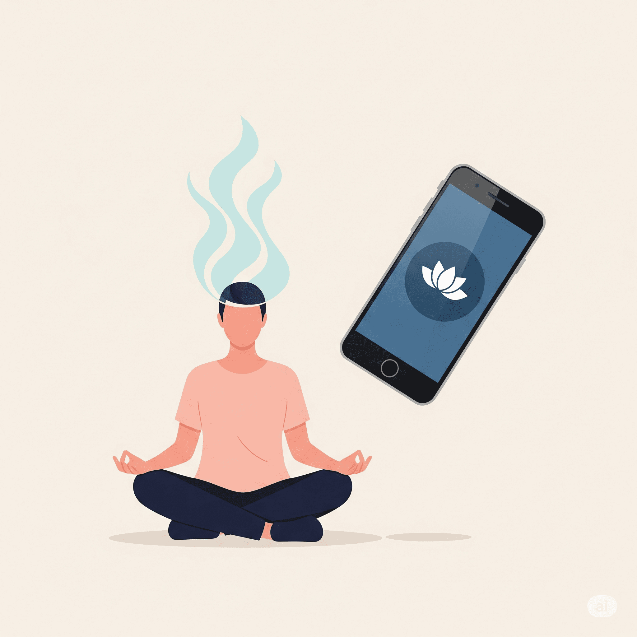 Una persona sentada en posición de meditación, con ondas de calma emanando de su cabeza, y un smartphone flotando cerca con un ícono de meditación.