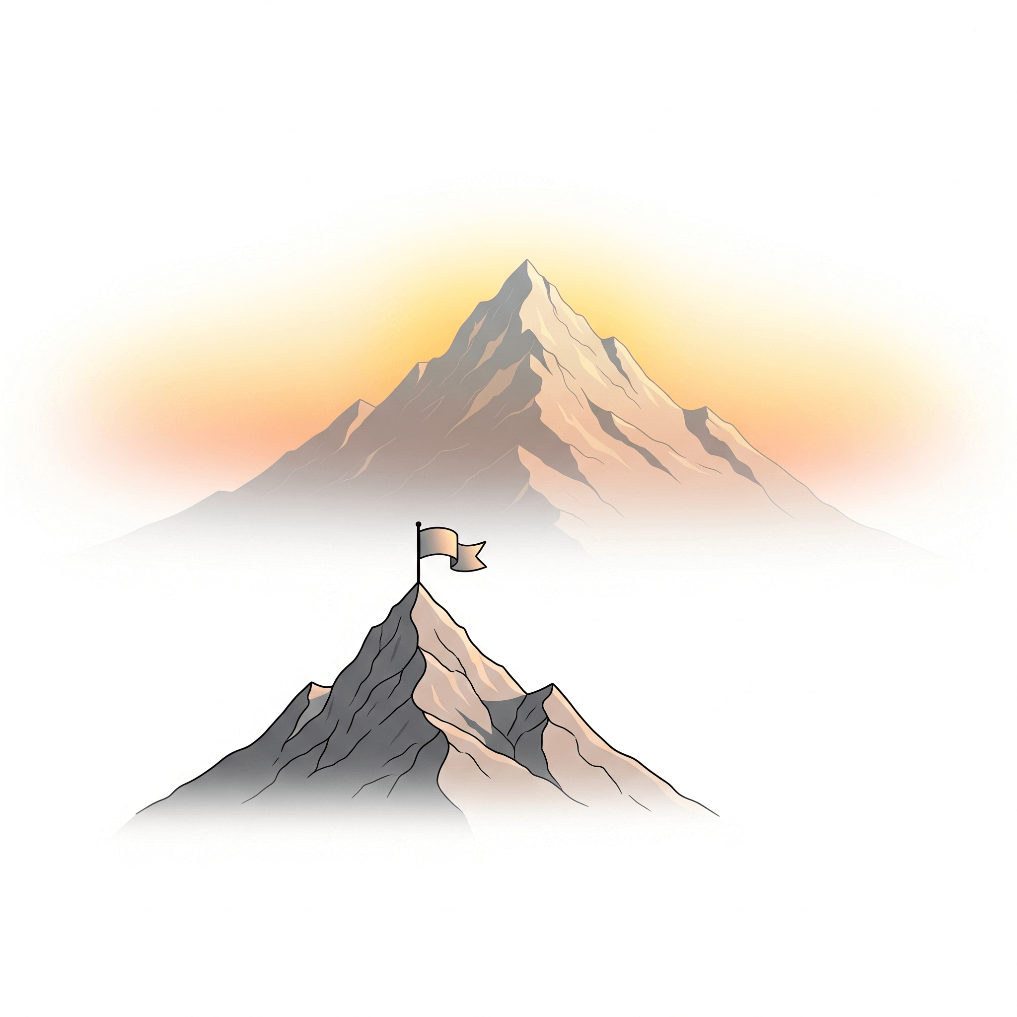 Una ilustración de dos montañas en un estilo simple pero con sombreado suave para darles profundidad. Una montaña pequeña y cercana tiene una bandera, y una más grande y distante está bajo el sol.