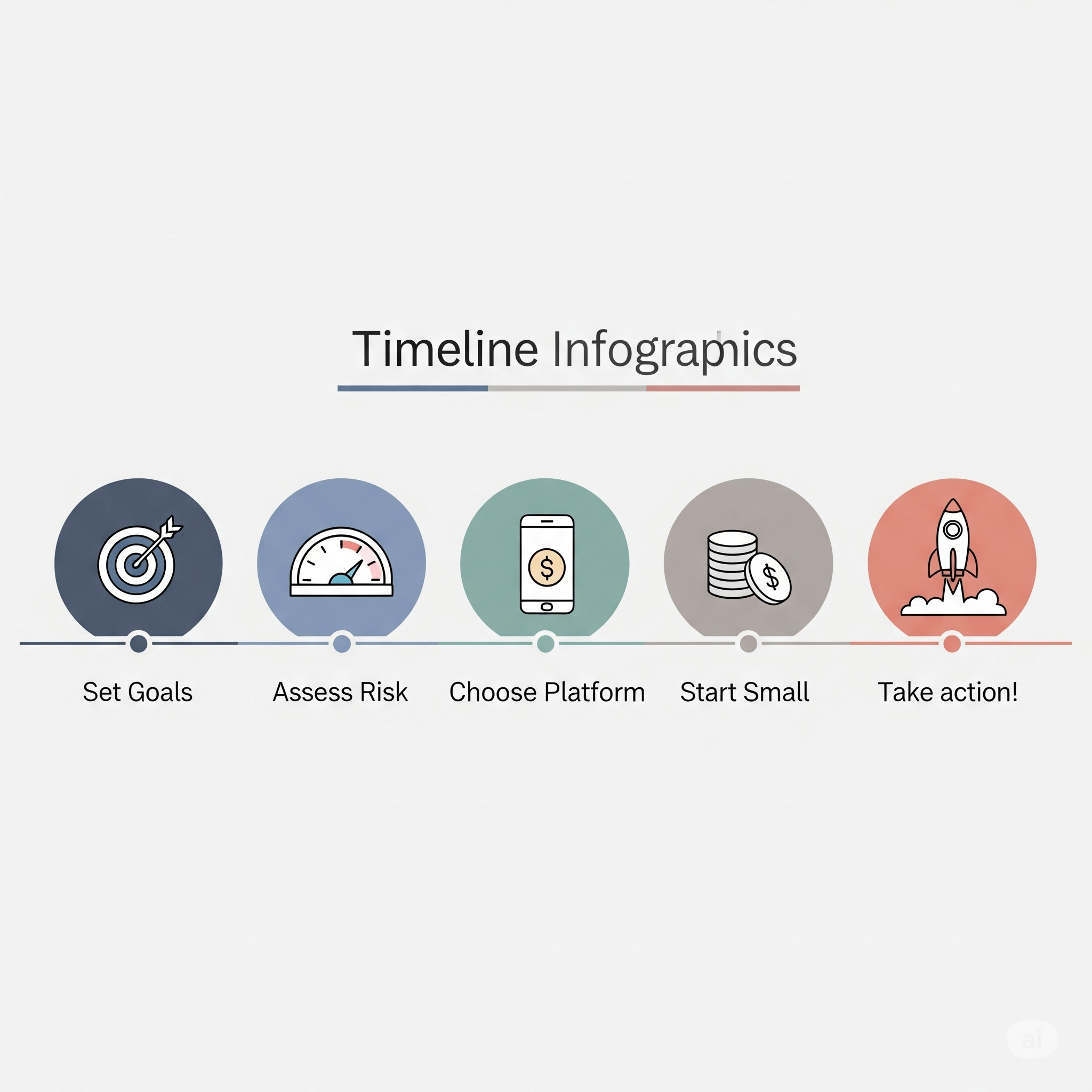 Una línea de tiempo minimalista de izquierda a derecha con 5 puntos. Cada punto tiene un ícono simple encima: una diana, un medidor, un teléfono con una app, una pila de monedas y un cohete despegando.