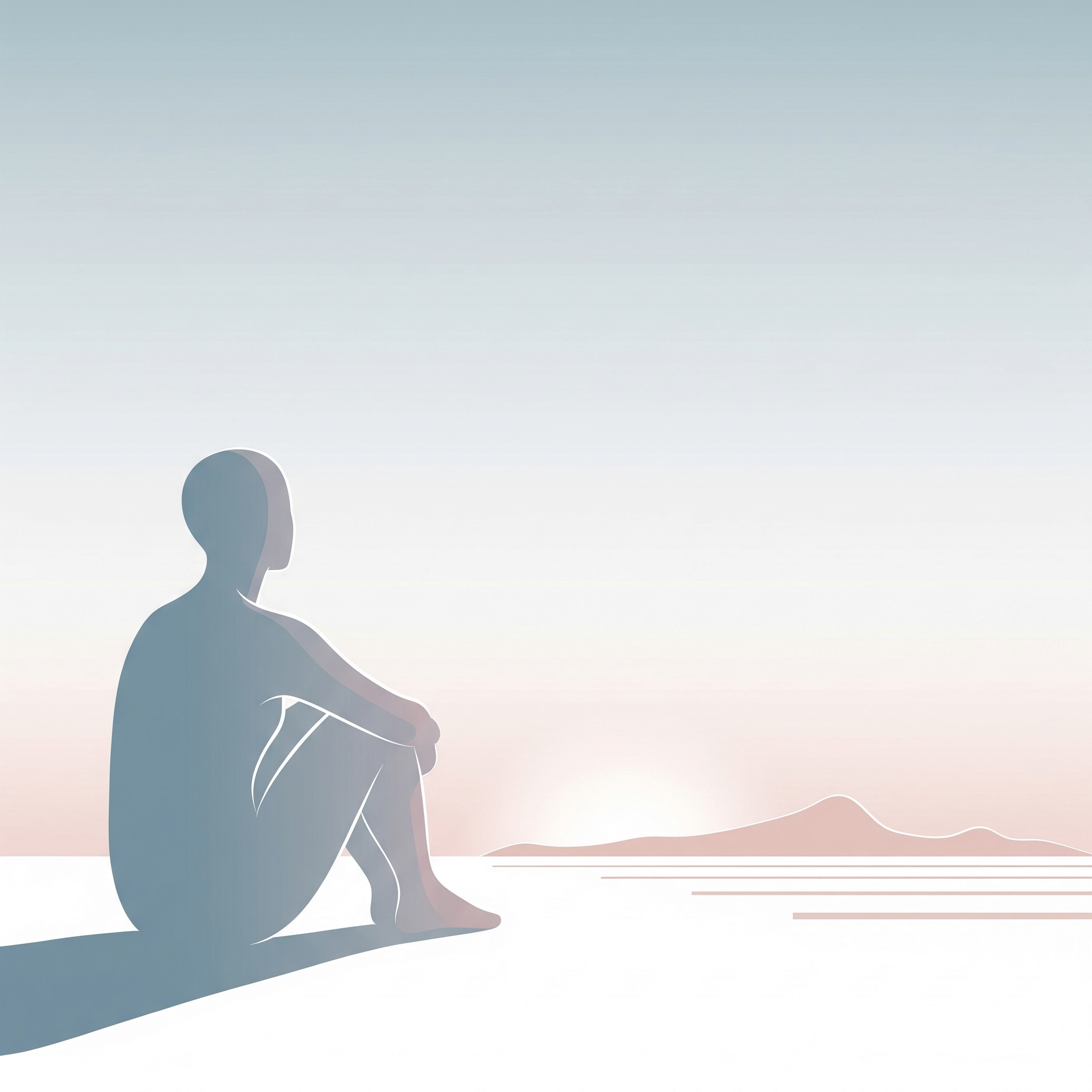 Una silueta minimalista de una persona sentada en calma, mirando un paisaje sereno con un sol naciente.