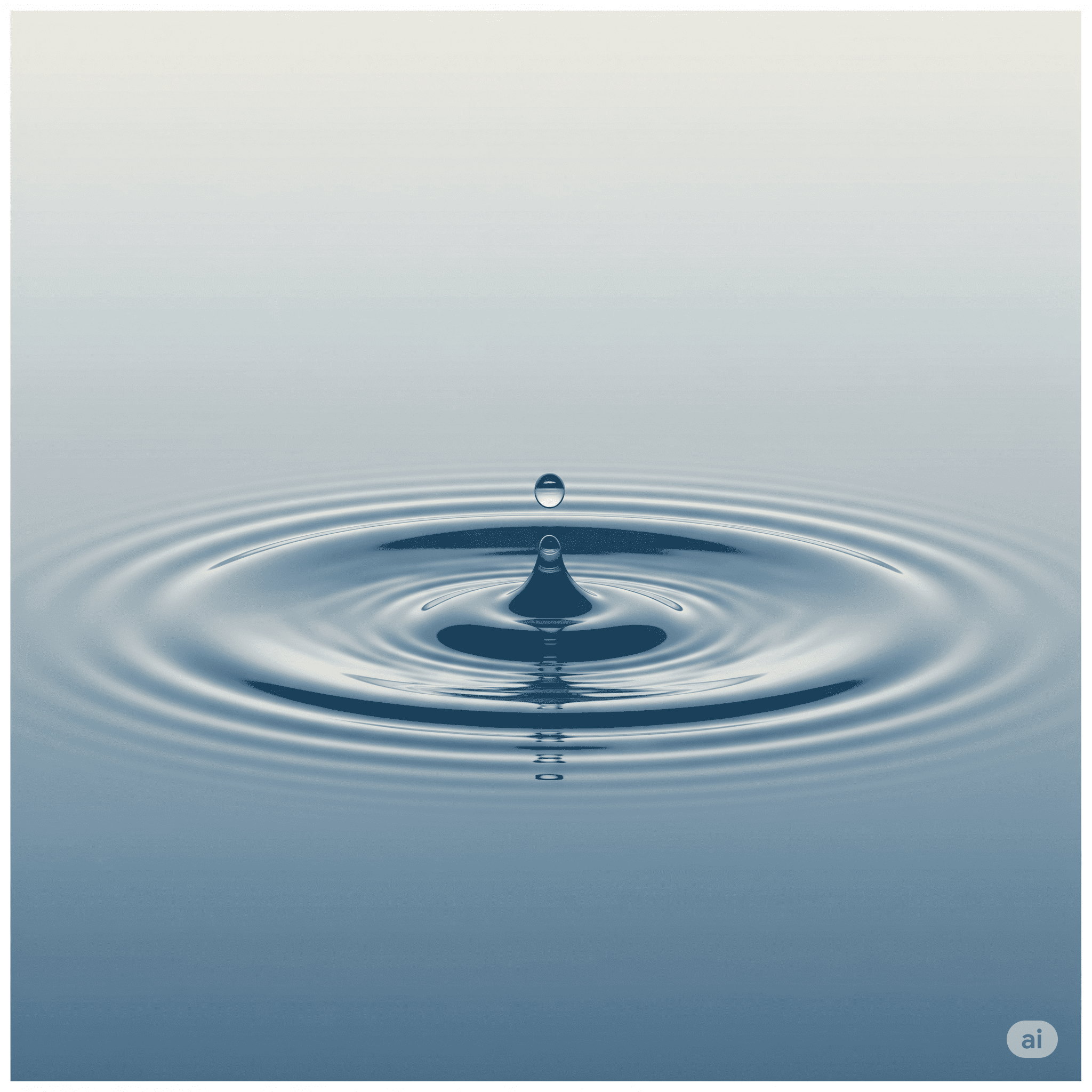 Una ilustración de la superficie quieta de un cuerpo de agua. Una sola gota crea ondas suaves y perfectas que se expanden. Paleta de colores serena.