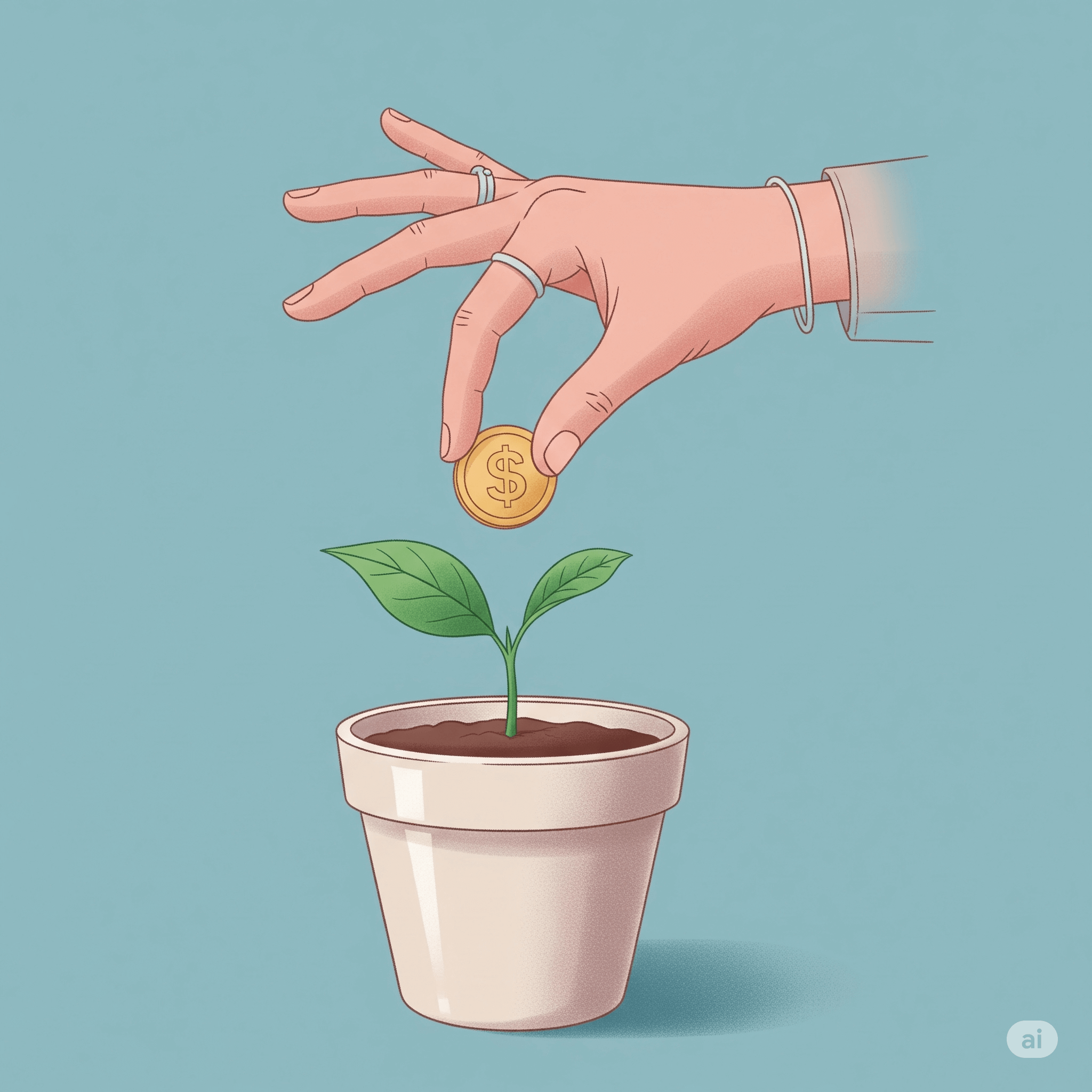 Una mano dejando caer una moneda en una maceta, de la que brota un tallo. La escena utiliza colores muy pálidos y desaturados para un aspecto más suave.