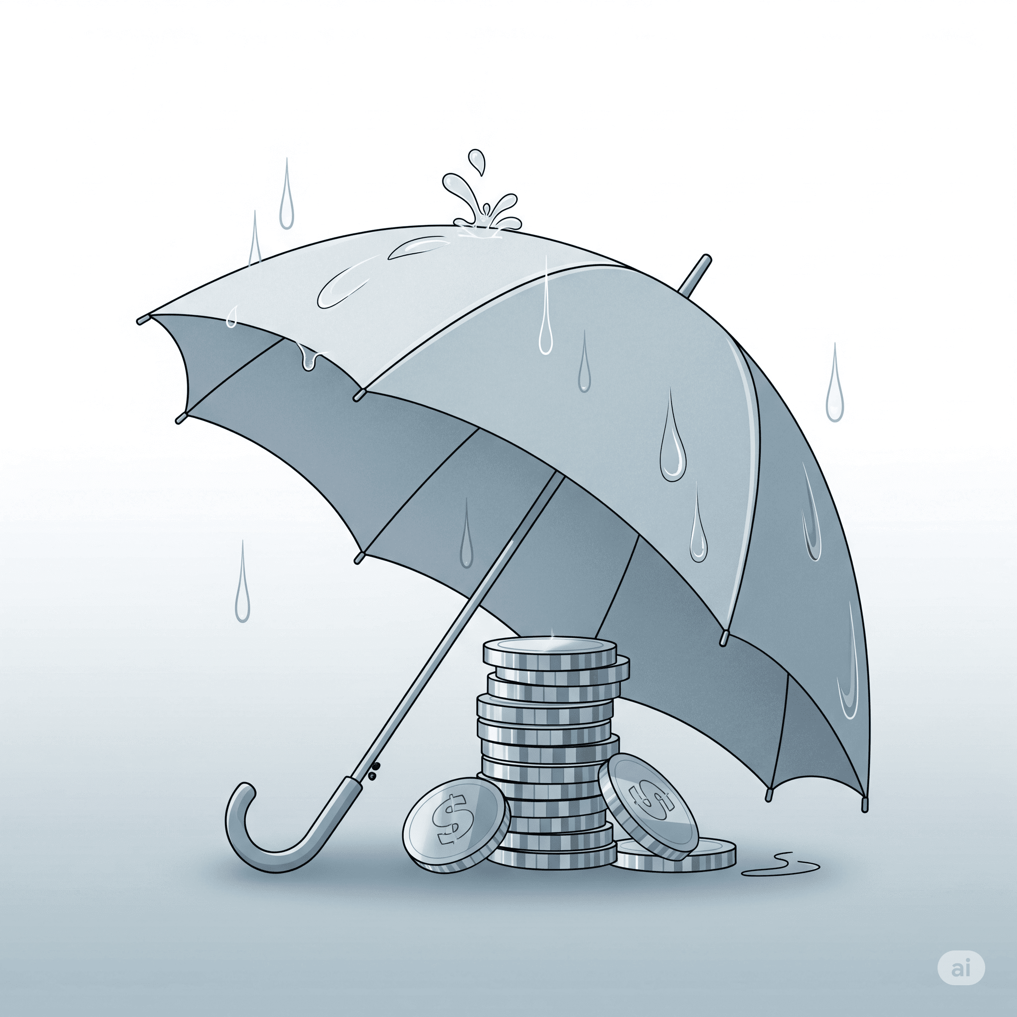 Una ilustración de una sombrilla con un mango simple. Protege una pila de monedas con aspecto metálico de las gotas de lluvia, que crean pequeños y limpios efectos de salpicadura al chocar.