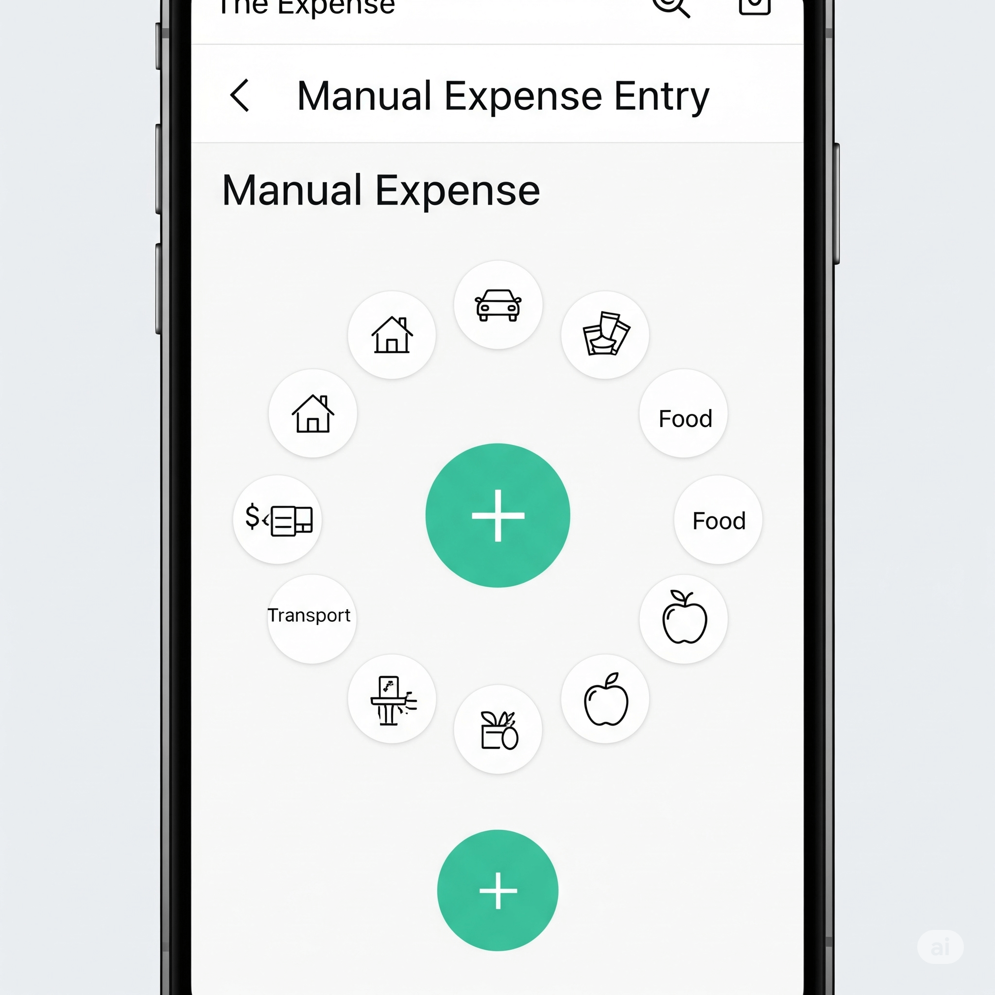 Una pantalla de app minimalista enfocada en la acción. En el centro, un gran botón con el símbolo “+”. Alrededor, varios botones circulares más pequeños con íconos de categorías de gastos (una casa, un auto, una manzana, etc.), listos para ser presionados.